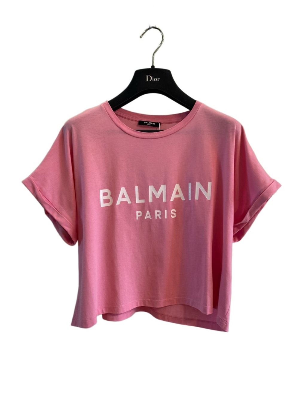 🚩steal Balmain Pink Logo Cropped Tee